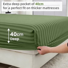 Image of Olive Green Stripe Fitted Sheet Deep Pocket Single Double King Bed Size Sheets