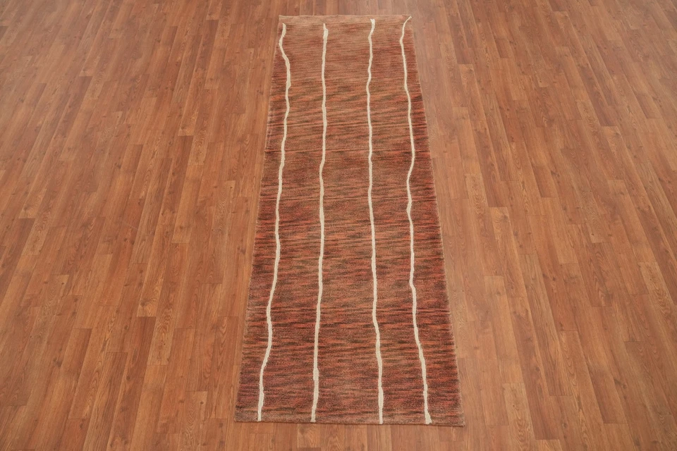 Rust Wool Modern Runner Rug 3x8 Abstract Hand-knotted Hallway Oriental Carpet - Image 2 of 4