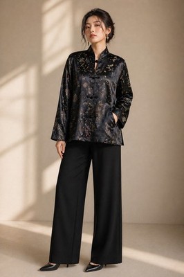 Vintage House of Ming Black Silk Brocade Chinese Jacket Frog Closures Hong Kong