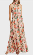 ELIZA J Pink Peach Floral Print Halter Belted Tie Waist Chiffon Maxi Dress 10 M