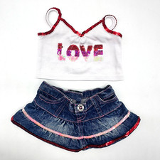 Build A Bear Love Red Pink Sequin Valentines Top Denim Jean Skirt Teddy Outfit