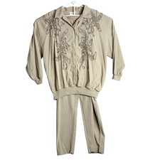 Adolfo Collectibles XL Beige Embroidered 2-Piece Pant Suit With Shoulder Pads