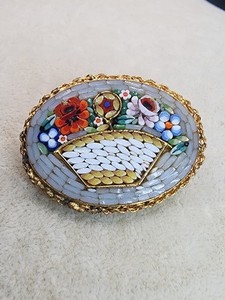 Broche Vintage En Micro-mosaïque Italienne - Motif Fleurs Multicolores