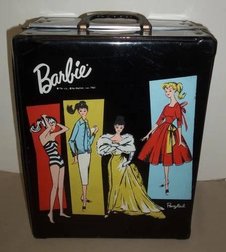 Vintage 1961 Barbie Black Ponytail DOLL TRUNK CASE + Doll + Accessories