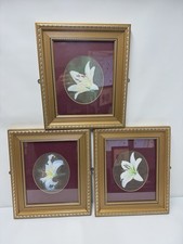 Set of 3 Lily Flower Prints in Gold Frames with Dark Red Matting”