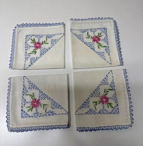 4 bestickte Vintage Leinen Servietten rosa Blumen Cocktail Taschentuch