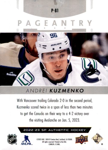 2022-23 SP Authentic #P-81 Andrei Kuzmenko Pageantry - Picture 2 of 2