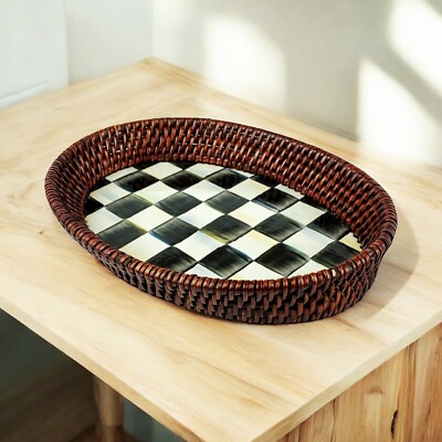 Mackenzie Childs Courtly Check Enamel Rattan Small Serving Tray 11