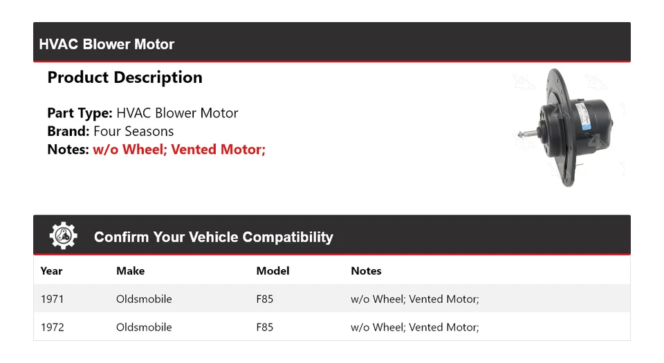 Motor soplador de climatización Oldsmobile F85 1971-1972 4 estaciones Foto 2 de 4