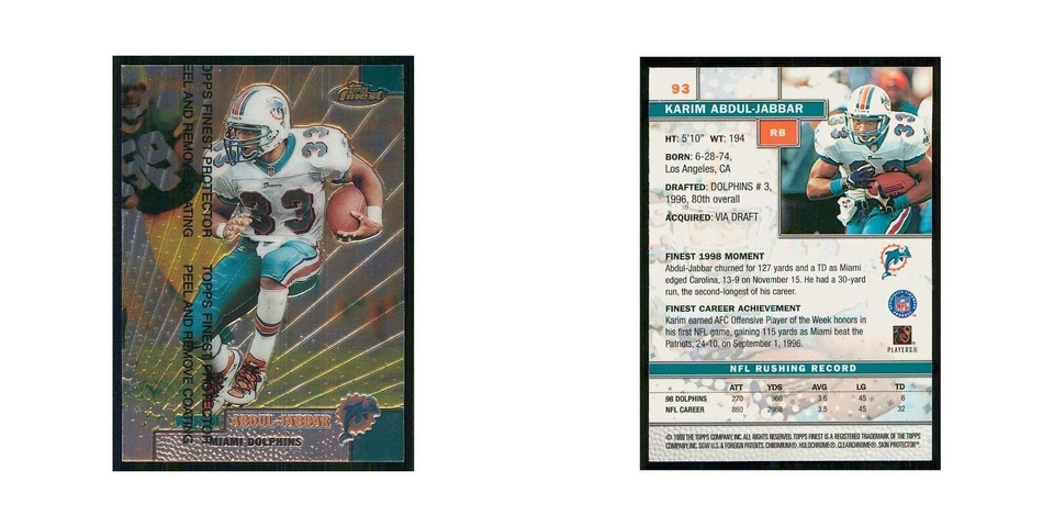 1999 Topps Finest w Coating Karim Abdul-Jabbar Dolphins #93 - Image 3 of 3