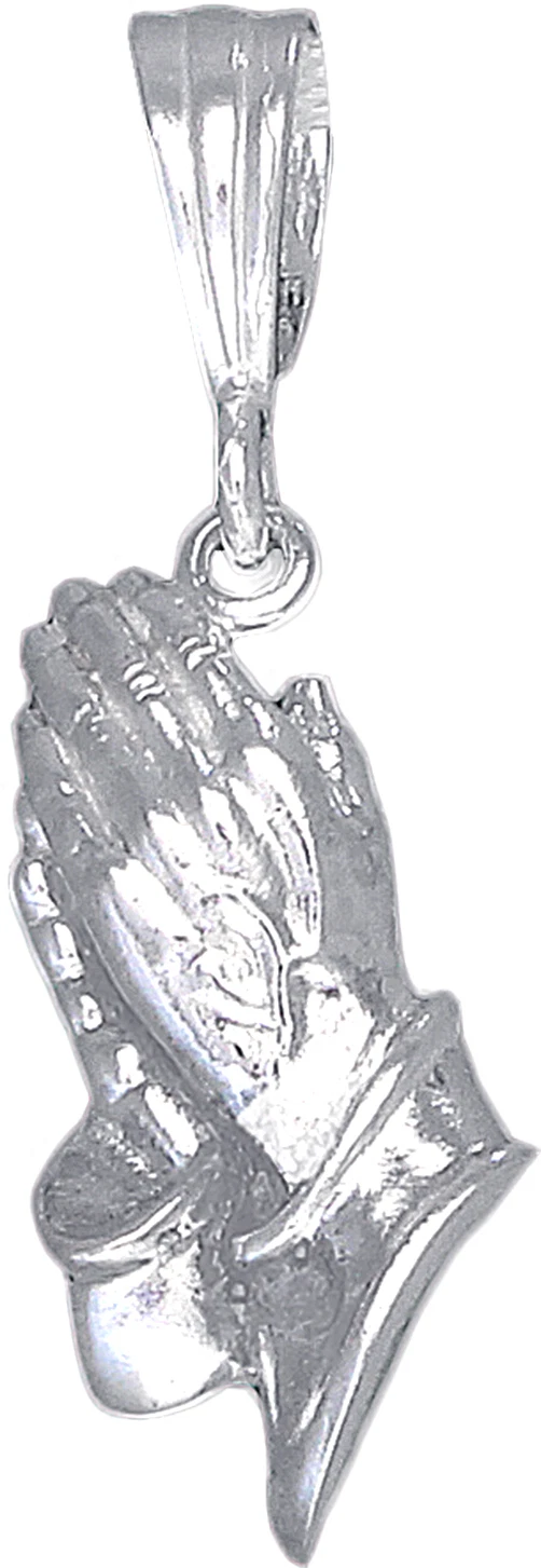 Sterling Silver Small Praying Hands Pendant Necklace Diamond Cut 18" Chain
