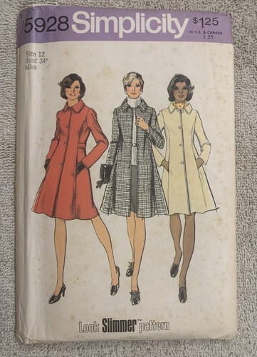 Simplicity 5928 Sew Pattern Princess Coat Look Slimmer Sz 12 Bust 34" UNCUT Vtg.