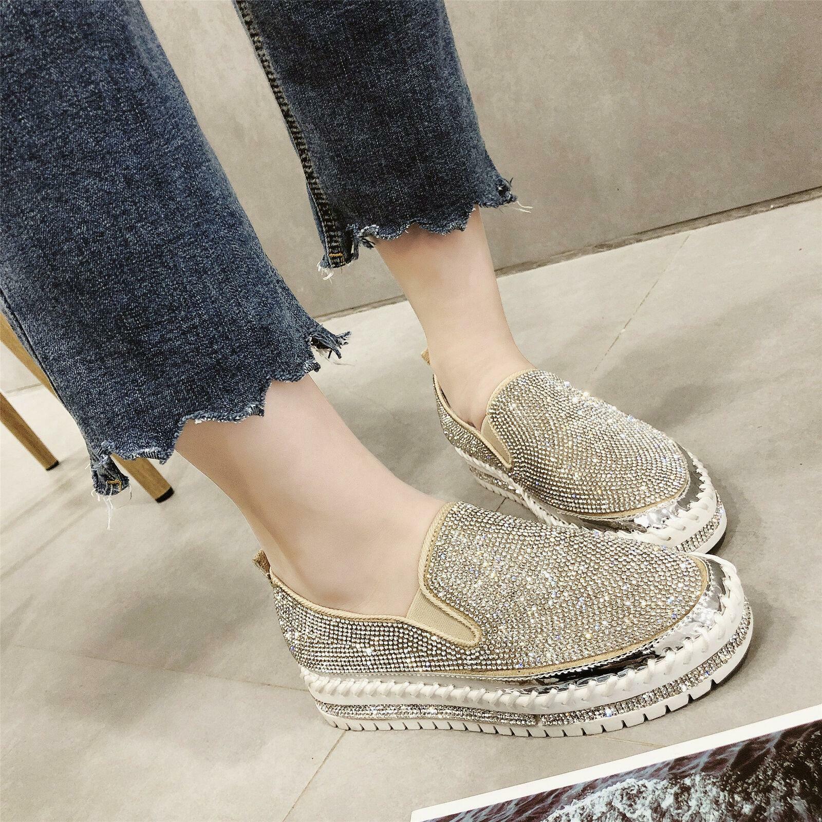 Women's Flat Rhinestone Creepers Round Toe Platform Casual Low Heel Shoes  Loafer | eBay