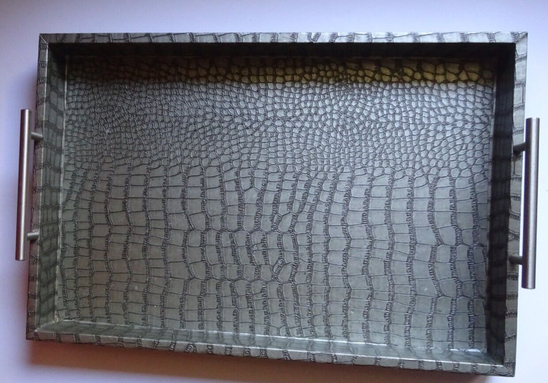 Tray 12" x 18", Faux Grey leather interior with silver handles
