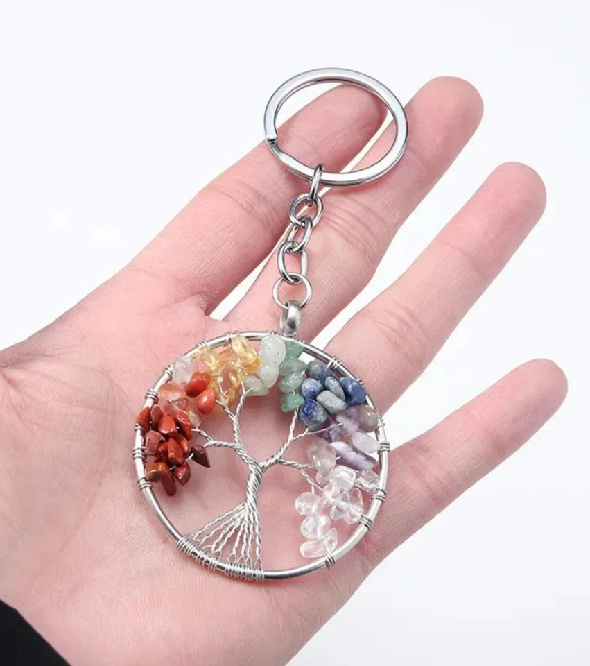 Porté Clé / Décoration - Arbre de Vie - Métal et Pierres Naturelles Multicolores - Photo 3/3