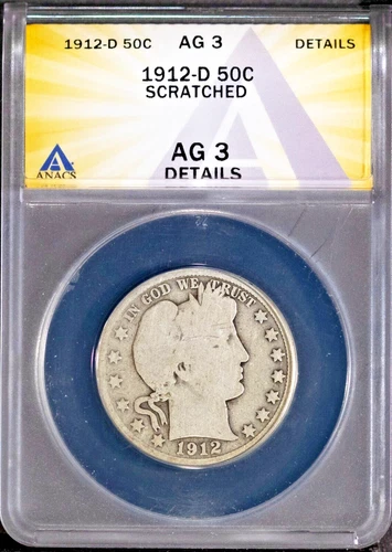 1912-D 50c Silver Barber Half-dollar AG 3 Details ANACS # 7625635 + Bonus