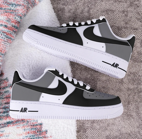 Air Force 1 Custom niedrige weiße Schuhe, schwarz & grau einfarbig Herren Damen Kinder - Bild 1 von 22
