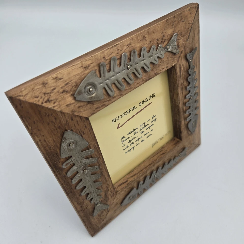 Rustic Wood & Metal Square 3.5" Picture Frame Fishbone Detail Freestanding Cabin - Image 4 of 4