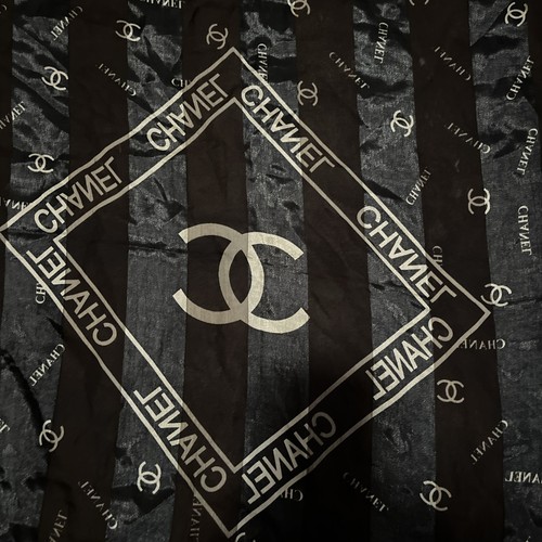 RARE CHANEL Scarf Black & Gold Silk Logo Sheer Stripe Pattern France - Picture 2 of 4