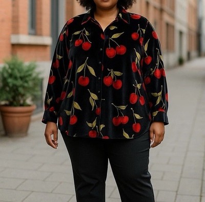 Quacker Factory Womens Sz 1X Cherry Print Black Velvet Button Up Top Whimsigoth