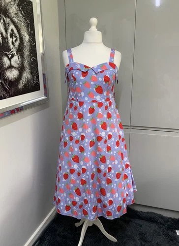 Shein Ladies Dress Size 18 (1XL) Swing Blue Red Strawberry Print Pin Up