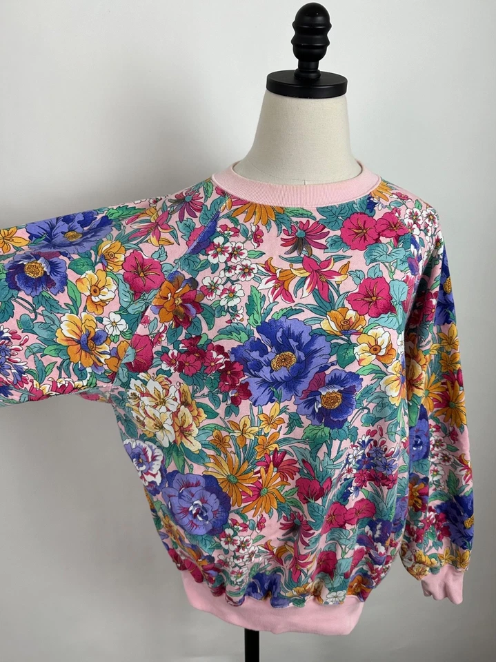 Sudadera Floral Vintage Años 90 Mujer Mediana Rosa Pastel Raglán Jardín Abuela Foto 4 de 4