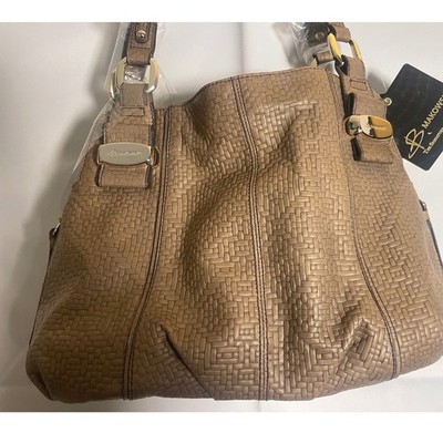 B. Makowsky Genuine Leather Taupe Embossed BasketWeave Tote Shoulder Bag NWT