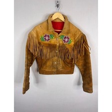 Vintage Buckskin Western Beaded Fringe Jacket Leather Floral Native Crop Women S