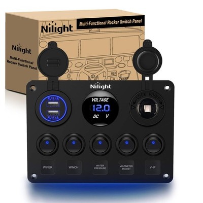 Nilight 90101E 5Gang Multi-Function 5 Gang Rocker Dual USB Charger + Digital Vol