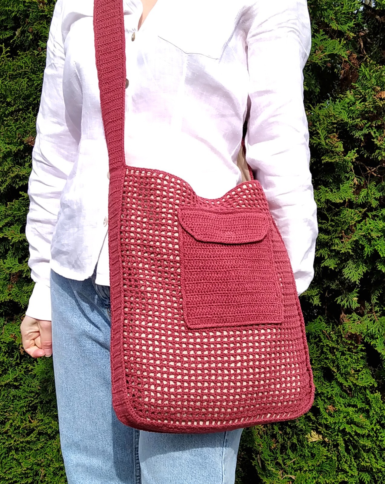 Crochet Crossbody Bag for Women with Mesh Pocket and Linen Lining  -image