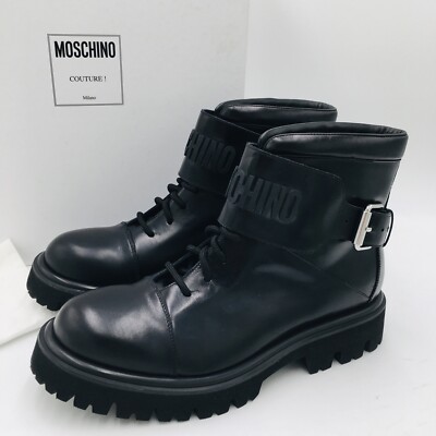 Moschino Taglia Combat Boots Black Leather Logo Authentic Men s Size US 13 M