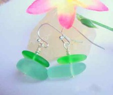 Aqua Blue  Green Pebble Shaped Frosted Sea Glass Silver Ladies Dangle Earrings