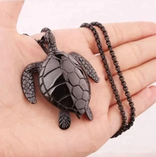 Large Black Sea Turtle Pendant Necklace Stainless Steel Big Jewelry Men, Womans