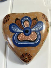 Pre-owned Painted Pottery From Mexico - Brown/Blue Heart-Shaped Box w/ Lid