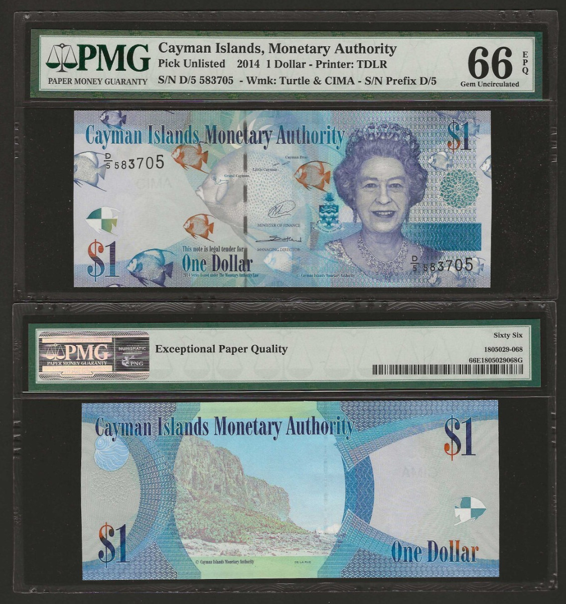 CAYMAN ISLANDS $1 Dollar 2014, P-38d, QEII, PMG 66 EPQ GEM UNC, Uncirculated. WS