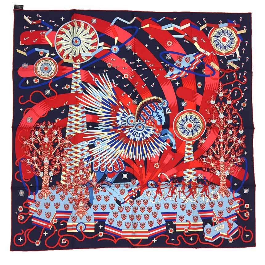 HERMES カレ90 LA SOURCE DE PEGASE スカーフ ○Hermes Carre90 Scarf La Source De Pegase Of Pegasus Red Blue
