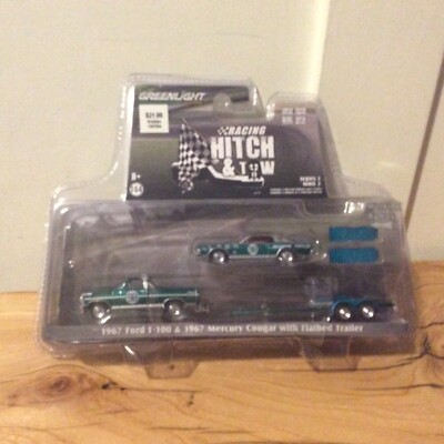 Green Light Racing Hitch Tow 1967 Ford F-100 Mercury Cougar Flatbed Chase Set
