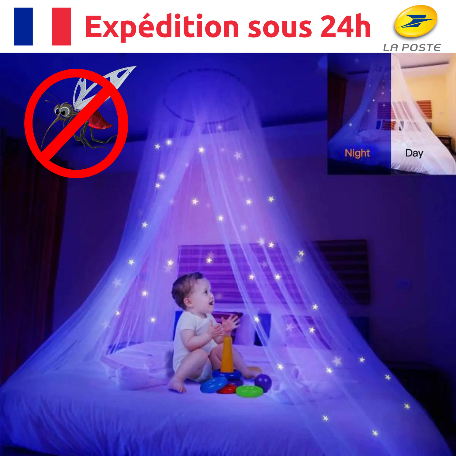 Moustiquaire de lit enfants et dôme étoilé lumineux pour doux rêves