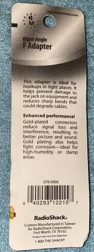 Radio Shack Right-Angle F Adapter, Gold Plated NEW NOS - Image 2 of 2
