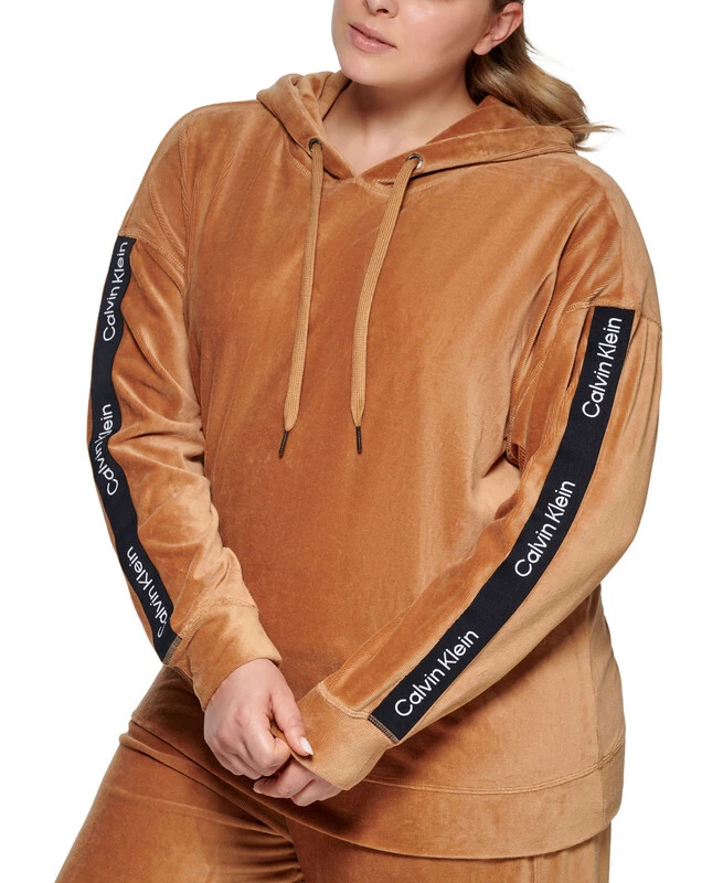 Calvin Klein Performance Women s Plus Size Logo Tape Velour Hooded