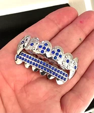 Silver Plated Mouth Teeth Grillz Top Bottom Set Vampire Fangs Iced Bling Blue