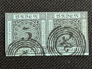 Altdeutschland Baden – Mi.Nr. 2 (3 Kreuzer blau) Paar gepr. Pfenninger