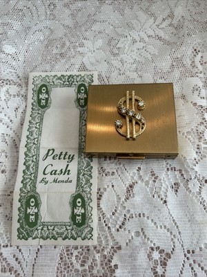 VINTAGE GOLD TONE RHINESTONE DOLLAR SIGN MENDA PETTY CASH COMPACT b2