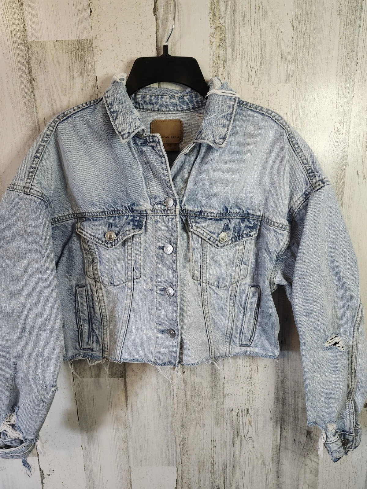 American Eagle Cropped Denim Jacket Distressed Frayed Light Wash Jean Size XS