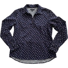 Banana Republic Blouse Navy Blue Pink Floral Women Long Sleeve Popover Ruffle M