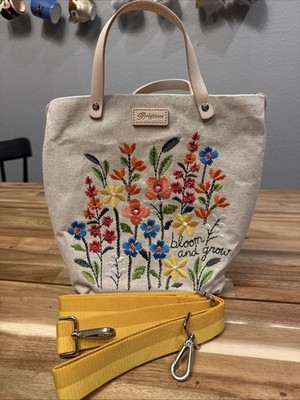 RARE! Brighton Bloom & Grow Burlap Canvas Tote Bag Floral Leather Handles H10819