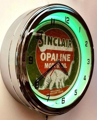 16'' Sinclair Opaline Motor Oil Sign Green Neon Clock Gas Station