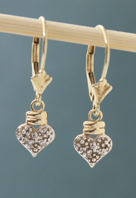 14K Solid Yellow Gold & Genuine Diamonds Dangle Heart Earrings - Leverback 