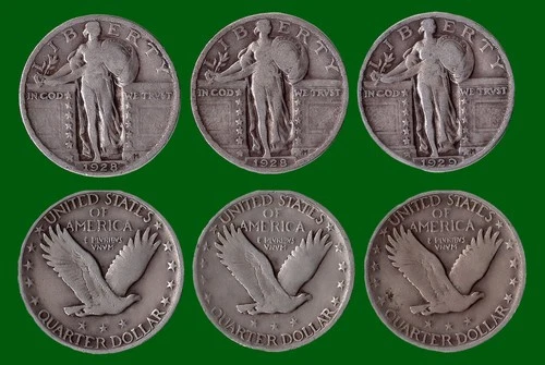 Two 1928 One 1929 Standing Liberty Quarters Very-Good-Fine-Very-Fine Condition