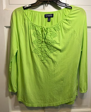 Chaps Women's Lime Green Solid Accent Scoop Neck Pullover Blouse L Comfortable